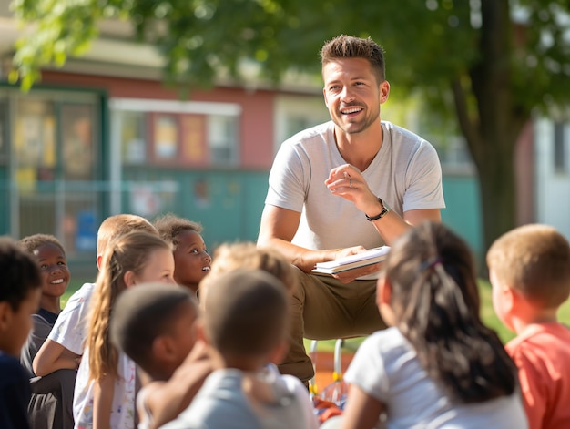 El entrenador da una charla al equipo de baloncesto de la escuela primaria.