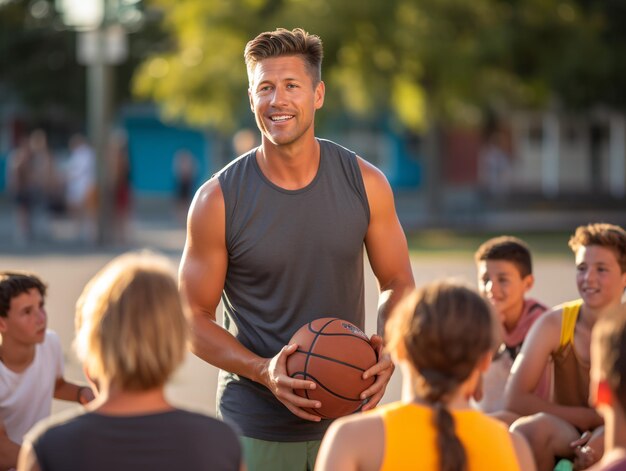 Entrenador dando charla de equipo al equipo de baloncesto de la escuela primaria