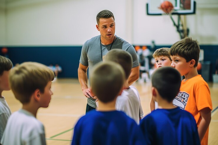 Entrenador explicando el plan de juego del equipo infantil.