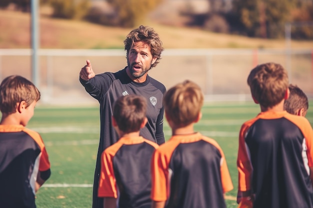 Entrenador explicando el plan de juego del equipo infantil.