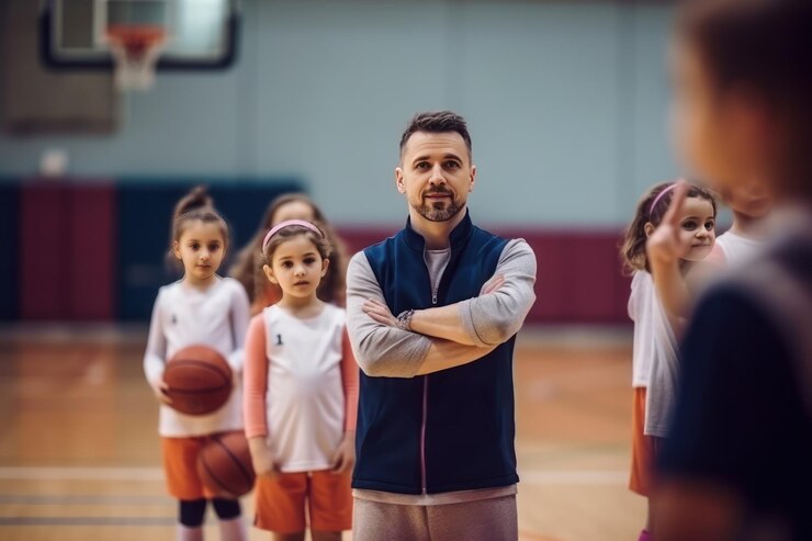 Entrenador explicando el plan de juego para el equipo de niños IA generativa