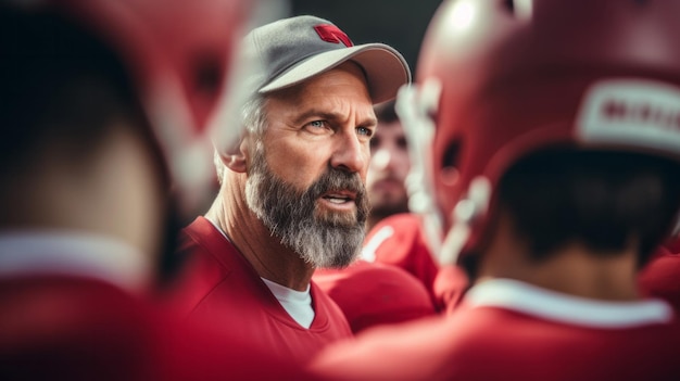 Entrenador de fútbol discutiendo estrategia con jugadores juntos concepto de enseñanza de instrucción profesional