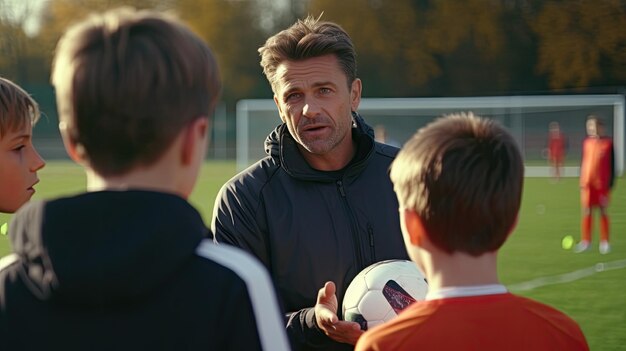 Entrenador de fútbol de mediana edad explicando y discutiendo el plan de juego para los niños jugador en el campo