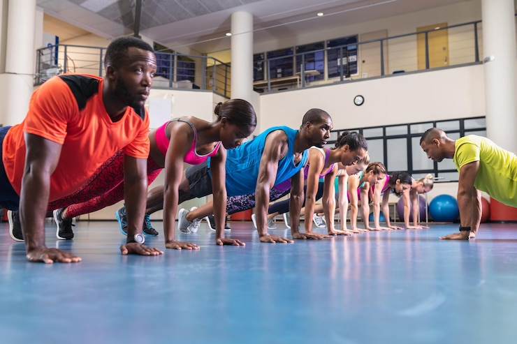 Foto entrenador masculino que entrena a las personas para realizar ejercicios en el centro de fitness