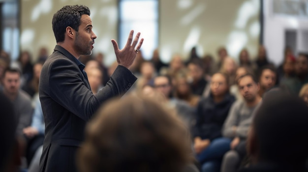 Entrenador de negocios lleva a cabo un seminario para una audiencia