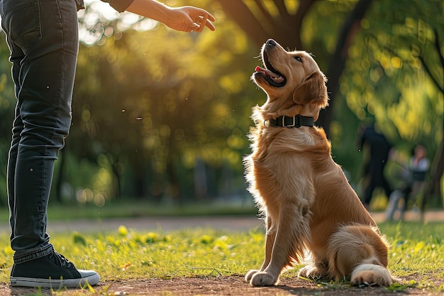 Entrenador de perros enseñando nuevos trucos a un perro en un parque