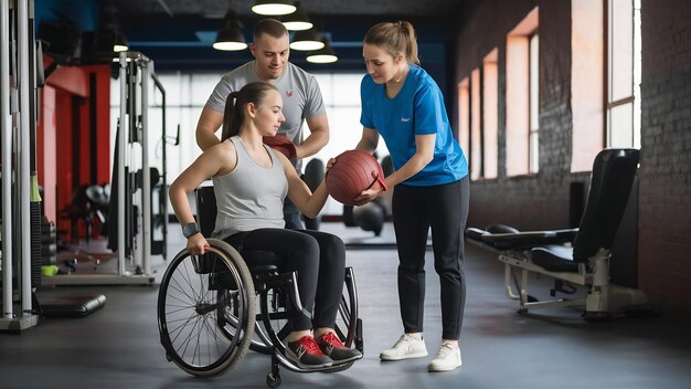 Entrenador personal ayudando a una mujer con discapacidad en su entrenamiento