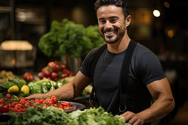 Entrenador personal enseña ensaladas saludables a clientes atentos IA generativa