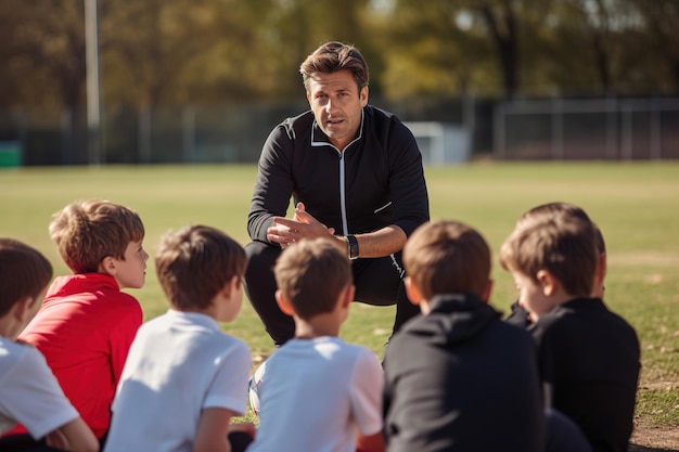 Entrenador teniendo una charla de equipo con los niños en un campo escolar