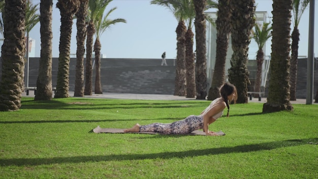 Entrenador de yoga haciendo pose de cobra en el parque Mujer ejerciendo yoga sobre hierba verde