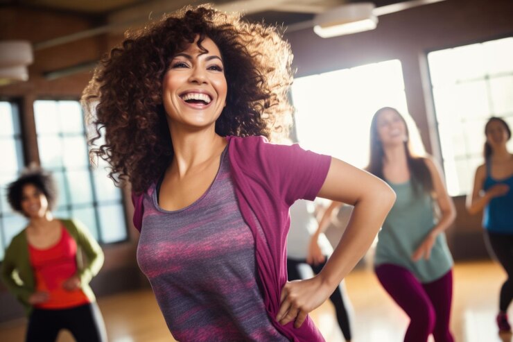 Entrenadora liderando una clase de zumba