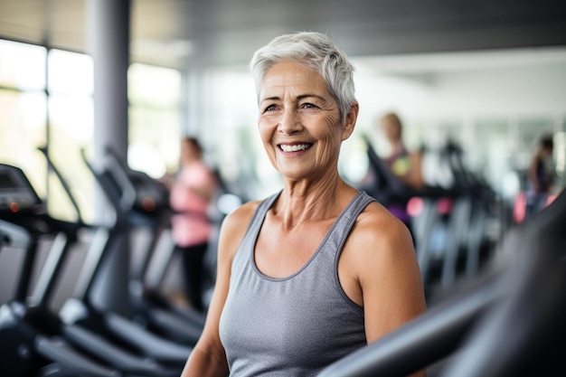 El entrenamiento alegre de la anciana se mantiene en forma en el gimnasio moderno