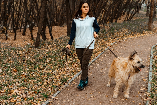 Entrenamiento animal. Una niña voluntaria camina con un perro desde un refugio de animales. Chica con un perro en el parque otoño