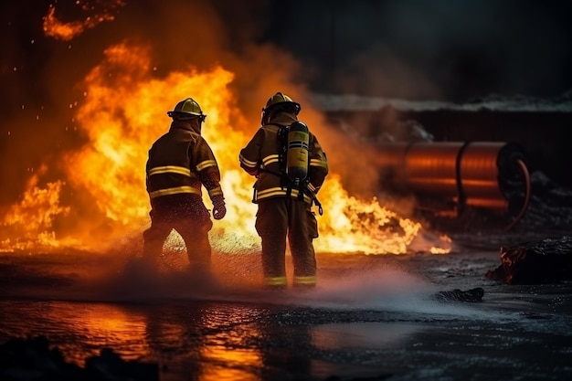 Entrenamiento de bomberos Bomberos que utilizan técnicas de agua y extintores IA generativa