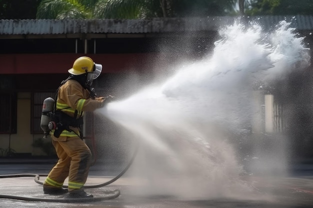 Entrenamiento de bomberos en incendios con manguera contra incendios motor de pulverización de espuma de agua química fondo de gran incendio
