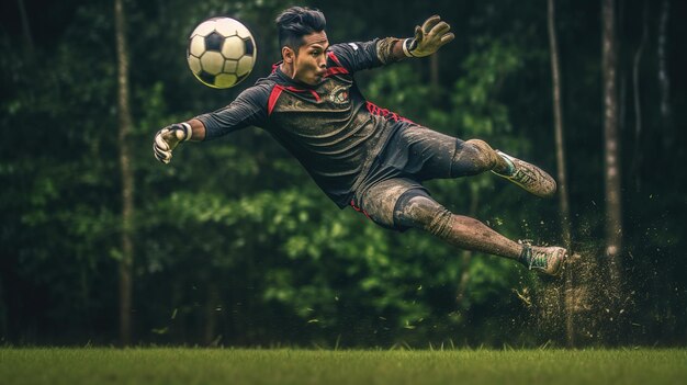 Foto entrenamiento de jugador de fútbol profesional aislado sobre fondo rosa azul degradado