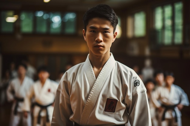 Entrenamiento de karate de arte marcial asiático que tiene lugar en una sala de dojo