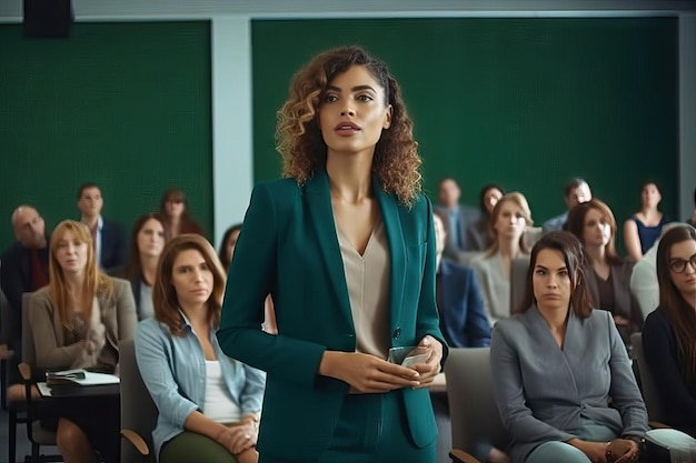 Entrenamiento de presentación con una mujer de negocios hablando con una audiencia durante un taller