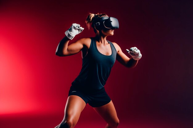 Foto entrenamiento de realidad virtual y boxeo en un fondo rojo.