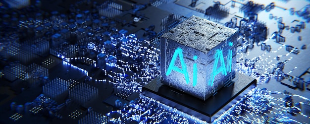 Entrenamiento de una red neuronal Concepto de inteligencia artificial Entrenamento de inteligencia artificial Neurochip Neurointerfaz Microprocesador de inteligencia artificial Renderización 3D