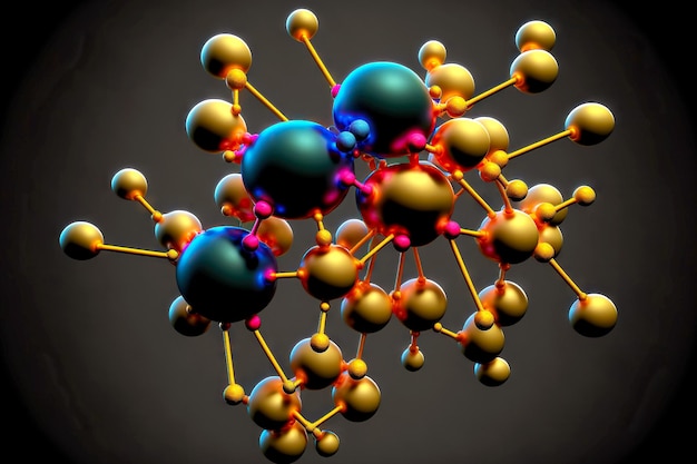 Entretejido de cadenas y esferas en la estructura química del primer plano de la molécula