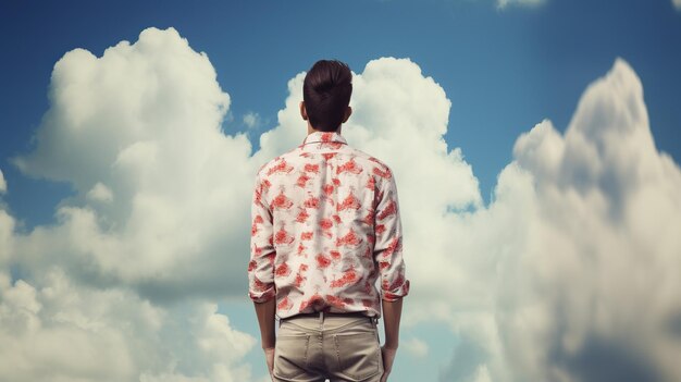 Foto entretenido hombre de pie en la vista trasera en las nubes atrás
