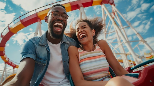 Entretenimento extremo para um casal emocional rindo enquanto anda em uma montanha russa em um parque temático