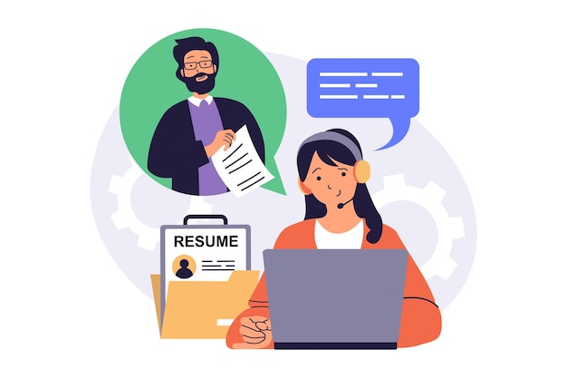 Entrevista de emprego on-line conceito web com desenhos animados planos pessoas para design de site Mulher falando com candidato a emprego por chamada de vídeo selecionando o melhor currículo procurando funcionários de escritório Ilustração vetorial