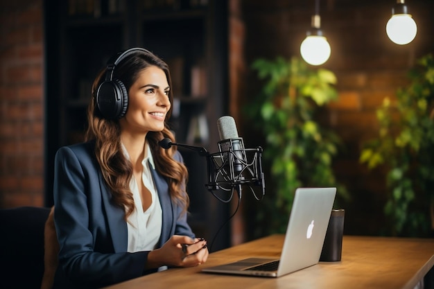 Foto entrevista em podcast com líder de negócios feminina inteligência artificial gerativa