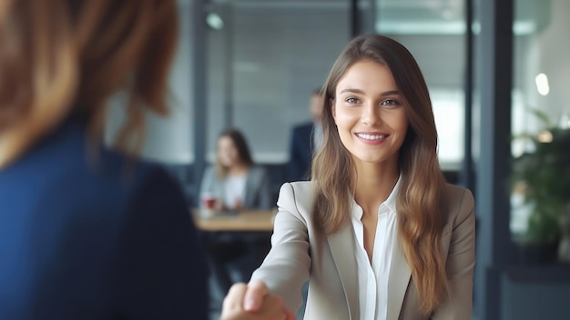 Entrevista de trabajo Hermosa mujer extiende su mano para darle un apretón de manos a un entrevistador