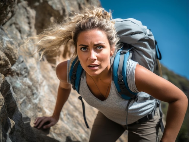 Foto entschlossene frau erklimmt einen steilen bergpfad