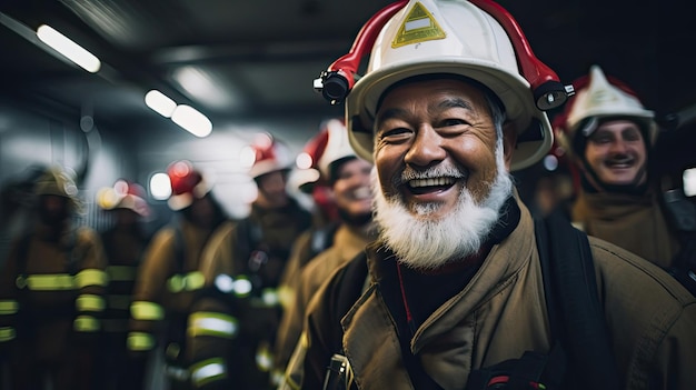 Entschlossener Feuerwehrmann mit Weihnachtsmütze leitet Team bei der Ausbildung in der Feuerwache