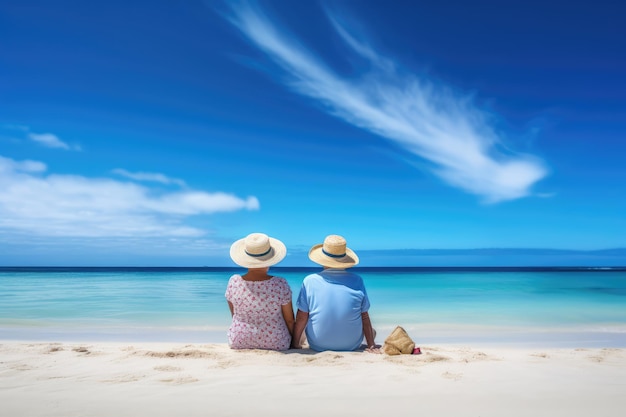 Entspannen Sie sich als Seniorenpaar am Strand mit einer von KI generierten Illustration des blauen Himmels