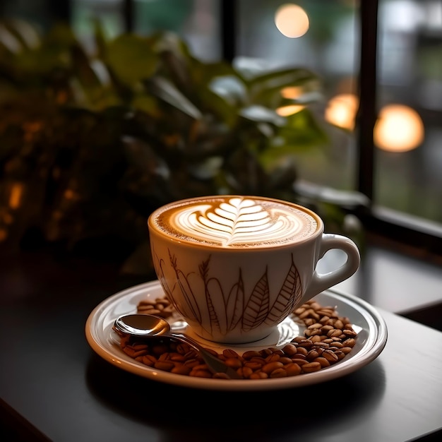 Entspannen Sie sich im Lifestyle-Morgen mit heißem Kaffee auf einem Tisch in einem Geschäft. Kaffeebohne unter der Tasse