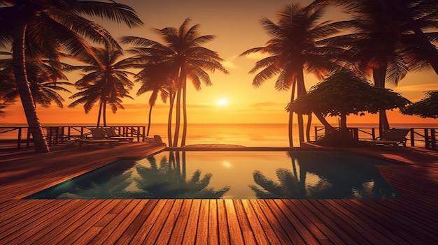 Entspannen Sie sich im luxuriösen Strandhotelresort bei Sonnenuntergang im Schwimmbad. Generative KI