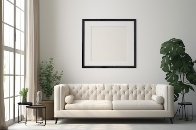 Entspannen Sie sich in einem ruhigen Wohnzimmer mit einer gemütlichen weißen Couch und natürlichem Licht, das durch das Fenster fällt. Perfekt zum Entspannen nach einem langen Tag. AI Generativ