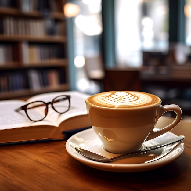 Entspannen Sie sich morgens mit heißem Kaffee auf einem Tisch in einem Geschäft, Kaffeebohne unter der Tasse, Lebensstil und Sonnenschein