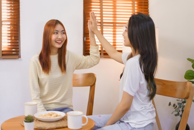 Entspannen Sie sich zu Hause Konzept LGBT-lesbisches Paar, das zusammen High Five gibt, während es im Wohnzimmer sitzt