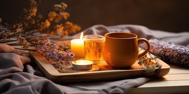 Entspannen Sie sich zu Hause Tasse Kräutertee Aroma Kerzenstäbchen Lavendelblumen trockene Orangen und natürliche Öle auf einem Holzplattchen mit Kopierplatz Schlaflosigkeit oder Depressionsbehandlung