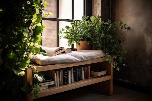 Entspannende Leseecke mit viel Grün und Buch auf einer Holzbank, die mit generativer KI erstellt wurde