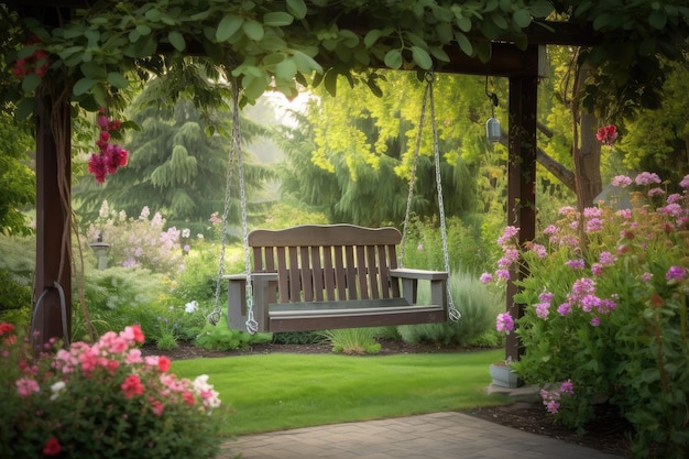 Entspannende Schaukel in einem ruhigen Terrassengarten mit blühenden Blumen und hohen Bäumen im Hintergrund, die mit generativer KI erstellt wurden
