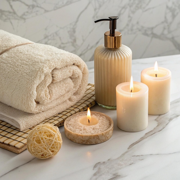 Entspannende Spa-Szene mit Kerzen, Handtüchern und Seifenmaschine