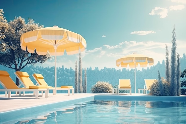 Entspannende Szene am Pool mit Stühlen und Sonnenschirmen Generative KI