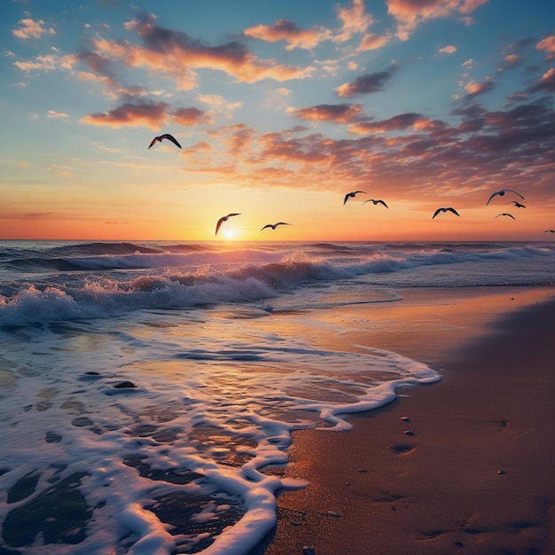 Entspannender Blick auf den Sonnenuntergang am bewölkten Himmel am Strand