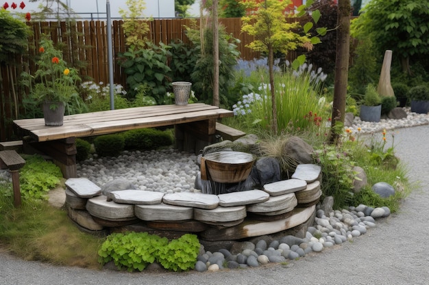 Entspannender Garten mit Bank und Steinbrunnen