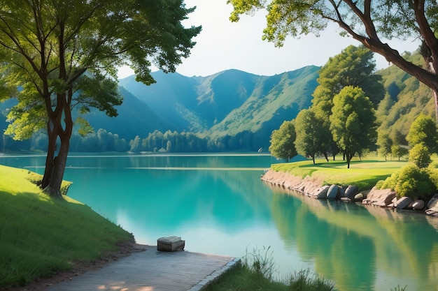 entspannender Ort National 5A Aussichtspunkt Grüner Berg Sauberer grüner Süßwassersee Naturlandschaft