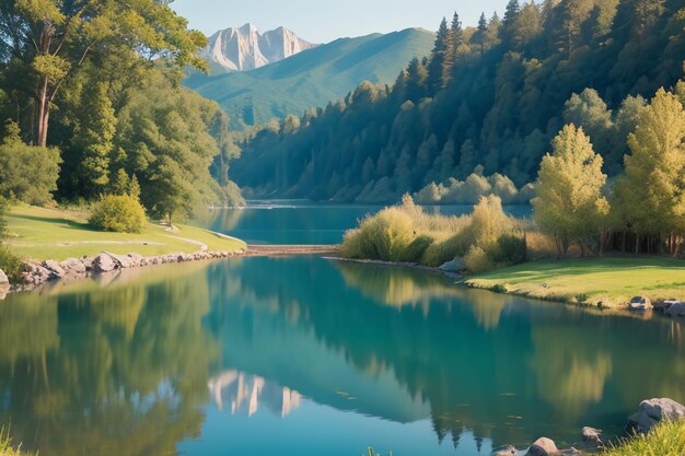 Foto entspannender ort national 5a aussichtspunkt grüner berg sauberer grüner süßwassersee naturlandschaft