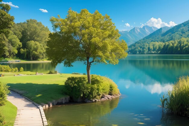 Foto entspannender ort national 5a aussichtspunkt grüner berg sauberer grüner süßwassersee naturlandschaft