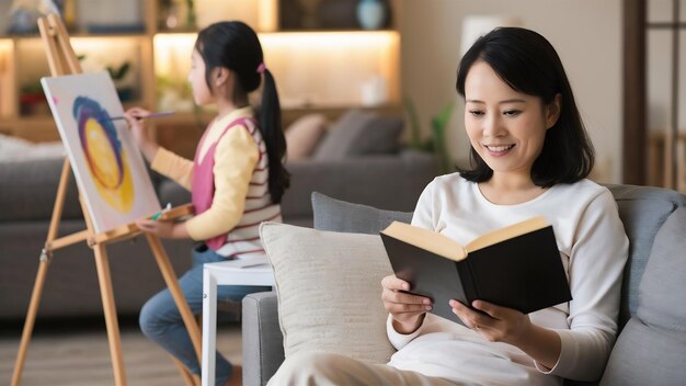 Entspannte asiatische Eltern lesen ein Buch auf dem Sofa und ihre Tochter malt Kunst im Wohnzimmer zu Hause