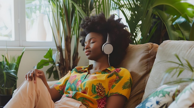 Entspannte Frau, die Musik in einem gemütlichen häuslichen Umfeld genießt, lässiges Innenlebensstilporträt mit Pflanzen, friedlicher Moment, der von KI erfasst wurde